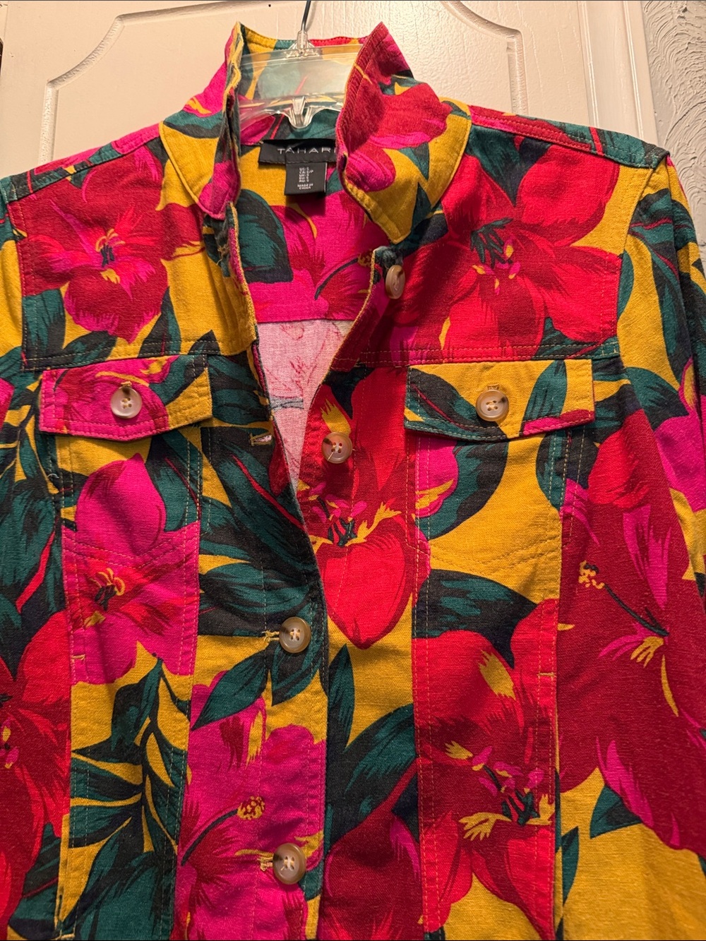 Tahari Multicolor Floral Button-Up Jean Jacket — Pink, Yellow & Green